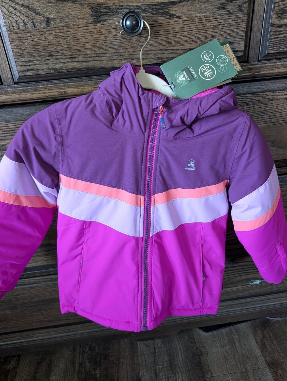 Kamik Girls' Hooded Colorblock Jacket in Fuchsia, Purple & Light Pink